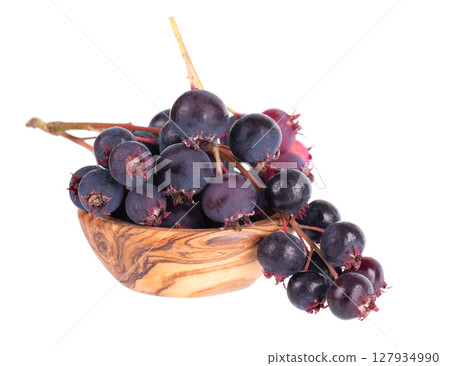 Serviceberry isolated on white background. Saskatoon, amelanchier, shadbush, juneberry, irga or sugarplum ripe berries in wooden bowl. 127934990