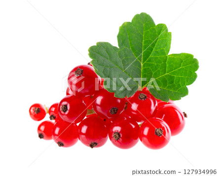 Red currant isolated on white background. Redcurrant or Ribes rubrum ripe berries with green leaves. 127934996