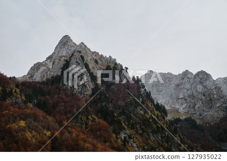 Steep rugged mountain slopes with colorful autumn trees in Prokletije National Park, Montenegro. After sunset Steep rugged mountain slopes with colorful autumn trees in Prokletije National Park, Montenegro. After sunset 127935022