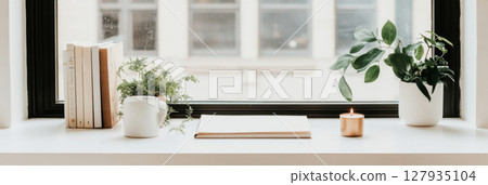 Home windowsill with lit candles and stacked books, minimalistic calm atmosphere Home windowsill with lit candles and stacked books, minimalistic calm atmosphere 127935104