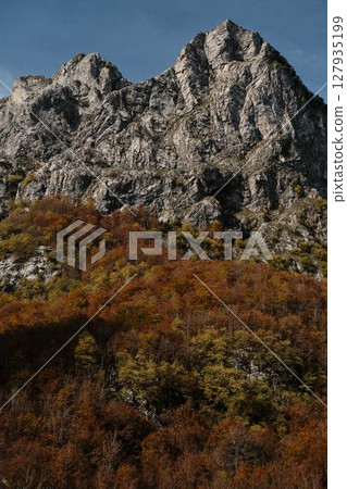 Majestic rocky mountain peak of Prokletije National Park in Montenegro rises above colorful autumn forest under clear blue sky Majestic rocky mountain peak of Prokletije National Park in Montenegro rises above colorful autumn forest under clear blue sky 127935199