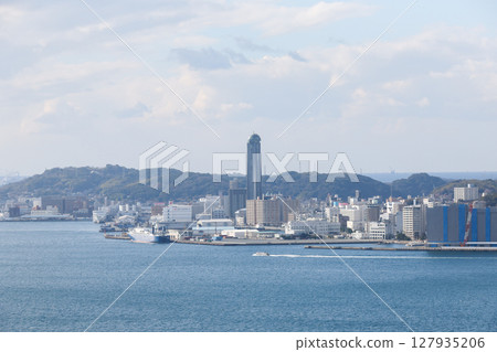 Kitakyushu City: Shimonoseki city as seen from Mojiko Retro Observation Room, Kaikyo Yume Tower direction Kitakyushu City: Shimonoseki city as seen from Mojiko Retro Observation Room, Kaikyo Yume Tower direction 127935206