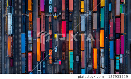 Railway freight station or junction, trains and wagons, top view.  AI Generated 127935329