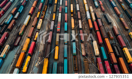 Railway freight station or junction, trains and wagons, top view. AI Generated Railway freight station or junction, trains and wagons, top view. AI Generated 127935351