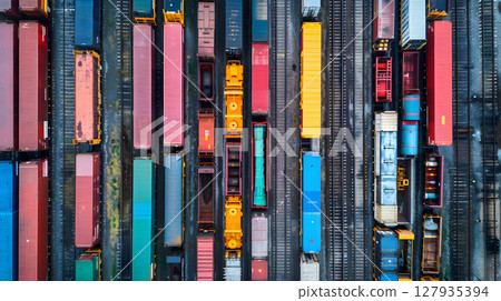 Railway freight station or junction, trains and wagons, top view.  AI Generated 127935394