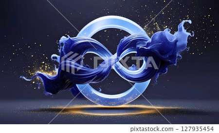 藍色圓環和閃閃發光的深藍色墨水,金色閃光背景 藍色圓環和閃閃發光的深藍色墨水,金色閃光背景 127935454
