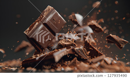 Sweet dark chocolate bar broken into pieces. AI Generated 127935490