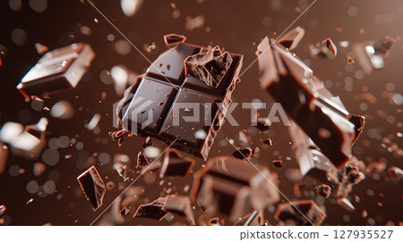 Sweet dark chocolate bar broken into pieces. AI Generated 127935527