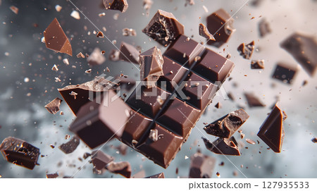 Sweet dark chocolate bar broken into pieces. AI Generated 127935533