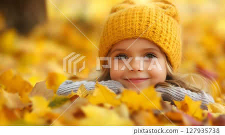 Adorable Young Girl in Yellow Knit Hat Smiling Among Autumn Leaves 127935738