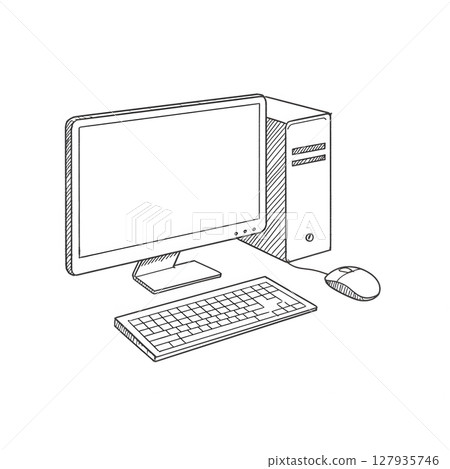 Black and White Sketch of Desktop Computer with Monitor Keyboard and Mouse Black and White Sketch of Desktop Computer with Monitor Keyboard and Mouse 127935746