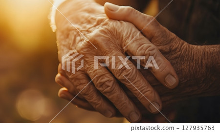 Elderly Hands Holding Each Other Gently in Warm Golden Light Showing Compassion and Care 127935763