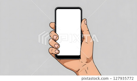 Hand Holding Smartphone with Blank White Screen Mockup on Neutral Background 127935772