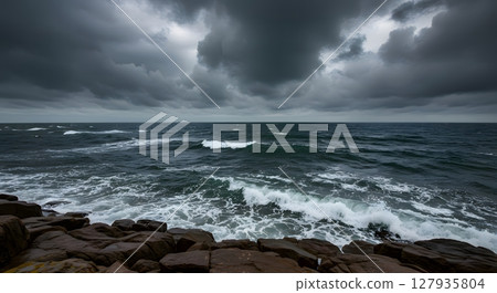 Stormy Seascape Dark Cloudy Sky Crashing Waves Rocky Coastline Dramatic Ocean Landscape 127935804