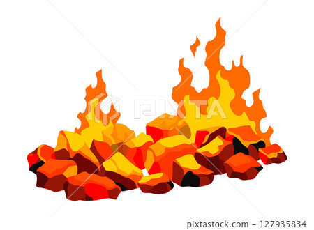 Burning coal. Realistic bright flame fire on coals heap. Closeup vector illustration for grill blaze fireplace, hot carbon or glowing charcoal image Burning coal. Realistic bright flame fire on coals heap. Closeup vector illustration for grill blaze fireplace, hot carbon or glowing charcoal image 127935834