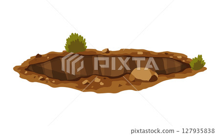 Hole ground. Works digging of sand coal waste rock or gravel. Brown, dry mine element of landscape. Cartoon illustration 127935838
