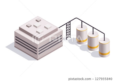 Factory isometric. Industrial bulding. Concept of industrial plant with chimney tower. 3d isolated icon. Architecture of manufacture house. Vector cartoon illustration 127935840
