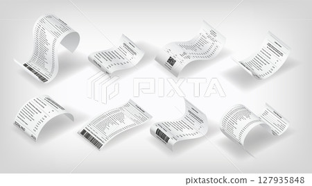Payment check and receipts with shadow. Set of curved financial paper, purchase invoice. Buying, bill or calculate pay. Receipt the seller form 127935848