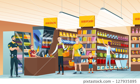 Retail food market. People shopping at the supermarket, choosing products on the shelves and pushing carts or shopping baskets 127935895