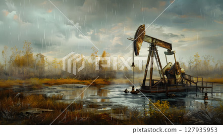 Rigs and other equipment as part of an oil production complex. AI Generated 127935953