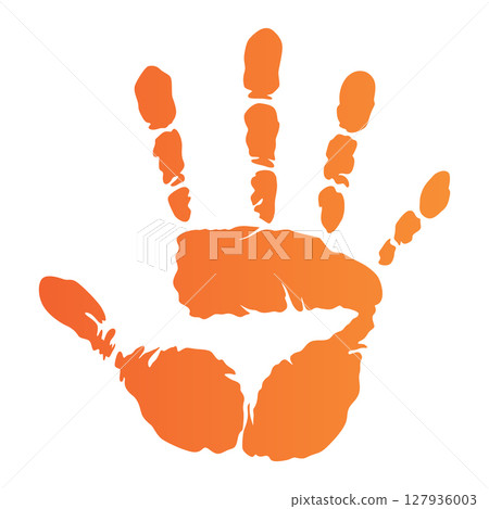 Color hand print isolated on white background. Color child handprint. Creative paint hand prints. Happy childhood design. Artistic kids stamp, bright human fingers and palm Vector illustration 127936003