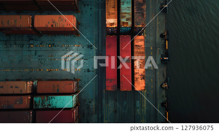 Multi-colored cargo containers on the pier of a cargo logistics port. AI Generated 127936075