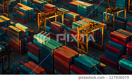 Multi-colored cargo containers on the pier of a cargo logistics port. AI Generated 127936079