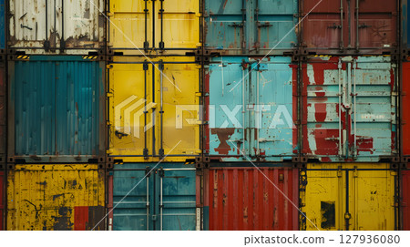 Multi-colored cargo containers on the pier of a cargo logistics port. AI Generated 127936080