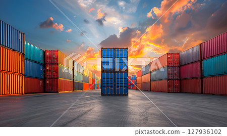 Multi-colored cargo containers on the pier of a cargo logistics port. AI Generated 127936102