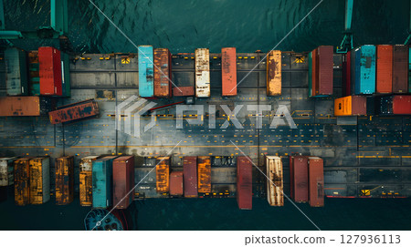 Multi-colored cargo containers on the pier of a cargo logistics port. AI Generated 127936113