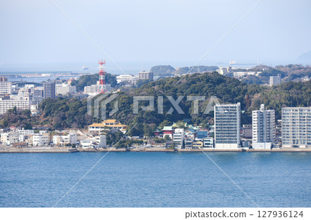 View from Mojiko Retro Observation Room in Kitakyushu, Fukuoka Prefecture, looking towards Akama Shrine in Shimonoseki 127936124