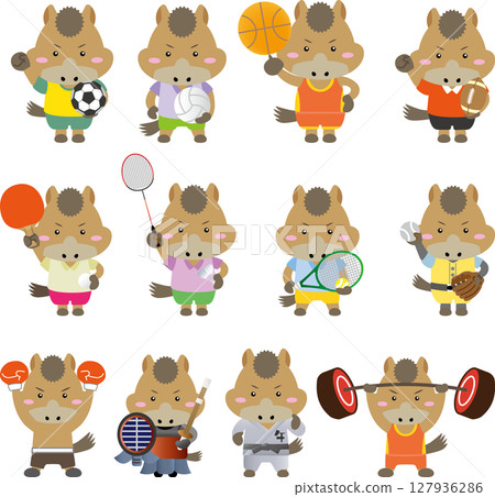 嘗試各種運動的馬角色(生肖、馬年、運動插畫) 嘗試各種運動的馬角色(生肖、馬年、運動插畫) 127936286