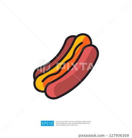 Colorful Icon of a Juicy Hotdog with Toppings in a Visual Representation of Fast Food Delights 127936309