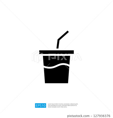 Stylized Black and White Beverage Cup Icon with Straw Representing Refreshing Drink for Takeaway and Fast Food Service 127936376