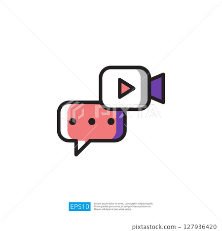 Colorful Communication Icon Featuring Video Chat Bubble with Play Button and Graphic Elements for Digital Interaction and Media Sharing 127936420