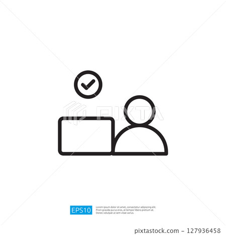 Icon of a Person Sitting at a Computer with a Checkmark Indicating Successful Task Completion in a Modern Digital Workspace 127936458