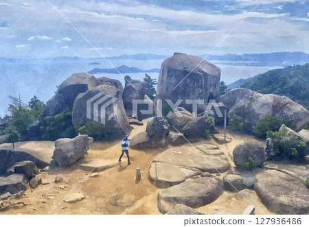 從宮島(嚴島)彌山山頂的觀景台看到的巨石和海洋(由原始圖像 AI 生成) 從宮島(嚴島)彌山山頂的觀景台看到的巨石和海洋(由原始圖像 AI 生成) 127936486