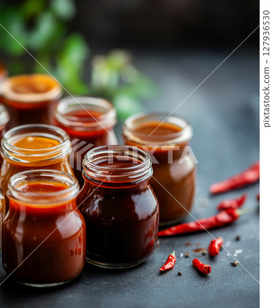 Variety of glass jars with hot pepper sauces, ideal for culinary-themed background 127936530