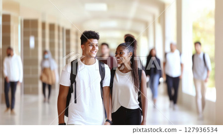Students walking in college hallway, young latin american man and african woman 127936534