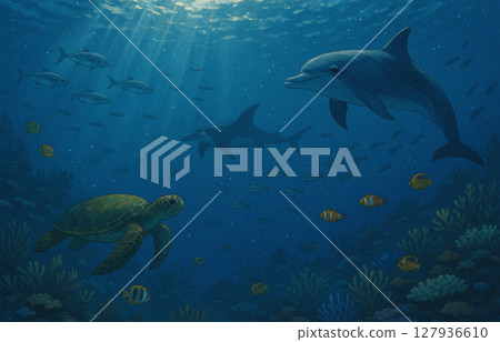 一群海豚在游泳 127936610