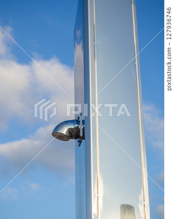 Shower on the beach. Modern shower outside. Resort by the sea. Shower on the beach. Modern shower outside. Resort by the sea. 127936746