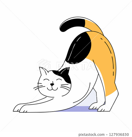A fat cat stretching with a happy face. Flat style. Vector illustration 127936830