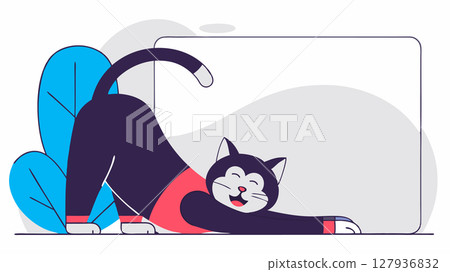 A fat cat stretching with a happy face. Flat style. Vector illustration 127936832