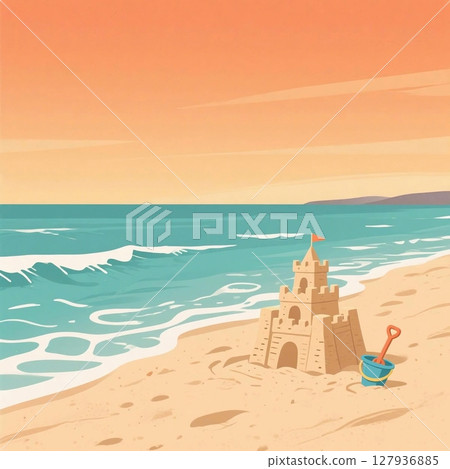 夏季黃昏時分的海灘插圖，上面有用鏟子堆成的沙堡 127936885