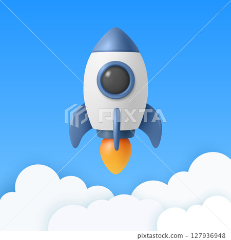 Vector 3d Rocket Icon, Startup Launch Concept. Blue and White Spaceship, Vector Illustration. Modern Business Logo, Flying Spacecraft Symbol. Missile Design for Growth, Innovation 127936948