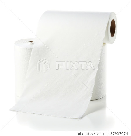 White Paper Towel Roll with Unrolled Sheet in Bright Light 127937074