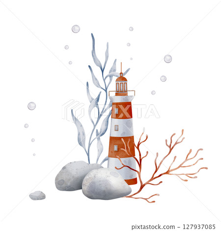 Watercolor Lighthouse on a rock with seashell and air bubbles. Illustration of Beacon in pastel colors. Drawing of Light house for Baby shower design in nautical style. For childish Marine poster. Watercolor Lighthouse on a rock with seashell and air bubbles. Illustration of Beacon in pastel colors. Drawing of Light house for Baby shower design in nautical style. For childish Marine poster. 127937085
