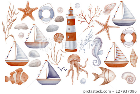 Watercolor clipart with Sailboat and Lighthouse for Baby design in nautical style. Drawing of sea shell, fish in pastel blue and orange red colors on isolated background. Childish marine set for kids 127937096