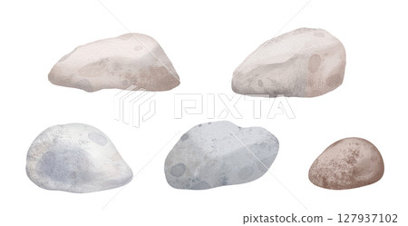 Watercolor set of various natural Stones in soft pastel gray tones. Illustration of Pebbles for underwater landscapes and beach themes. Clipart with Rock on isolated background. 127937102