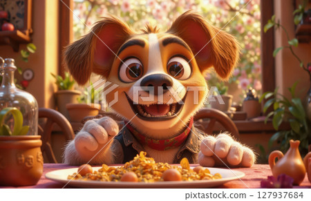 Adorable Happy 3D Cartoon Dog Eating 127937684